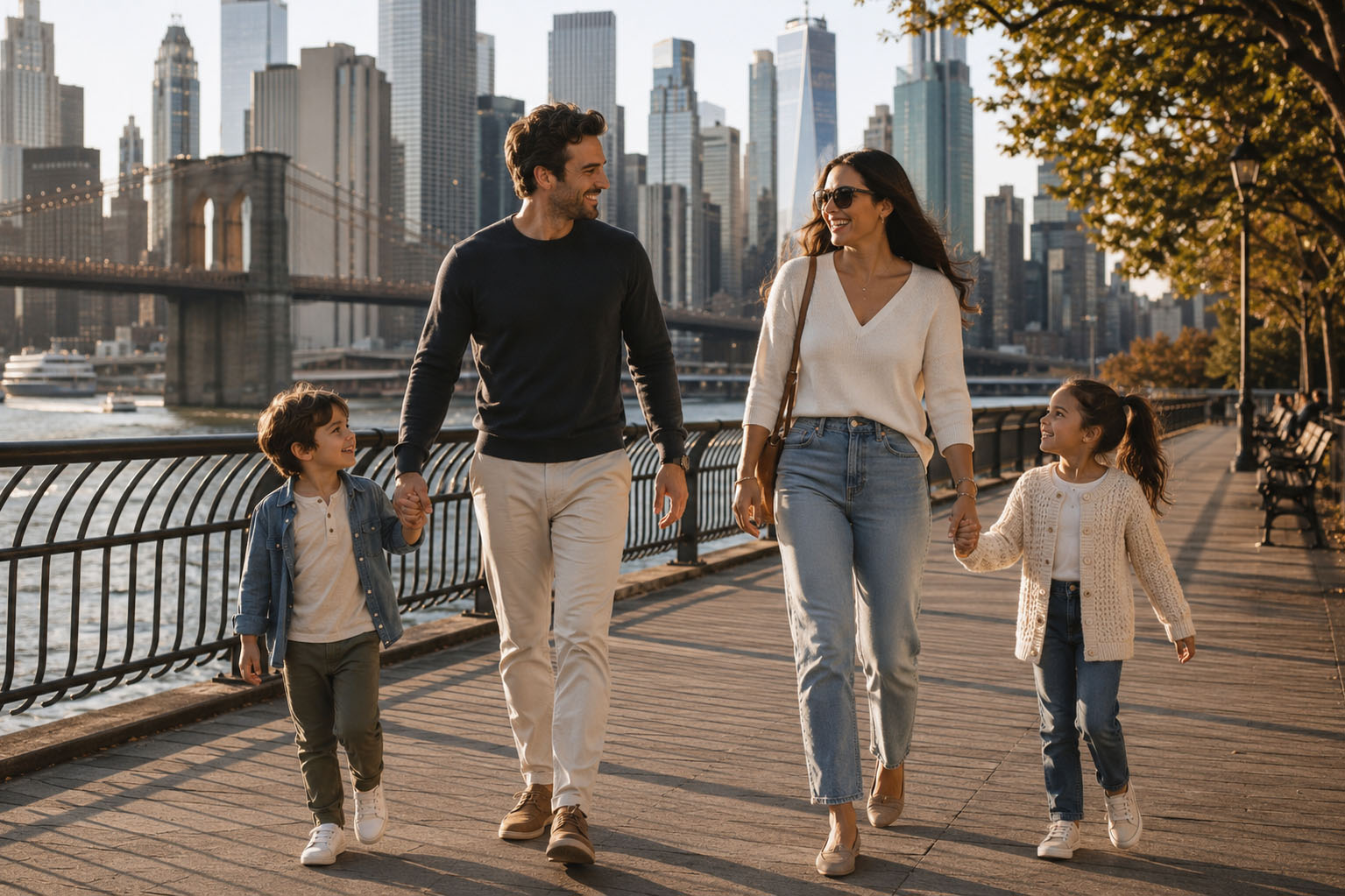 Family with two children walking along the Brooklyn waterfront, supported by trusted New York City nanny placement services