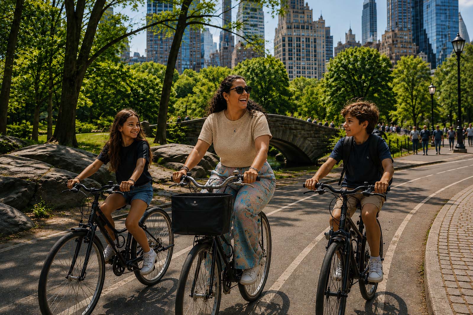 Professional New York City nanny enjoying a bike ride with two children in Central Park