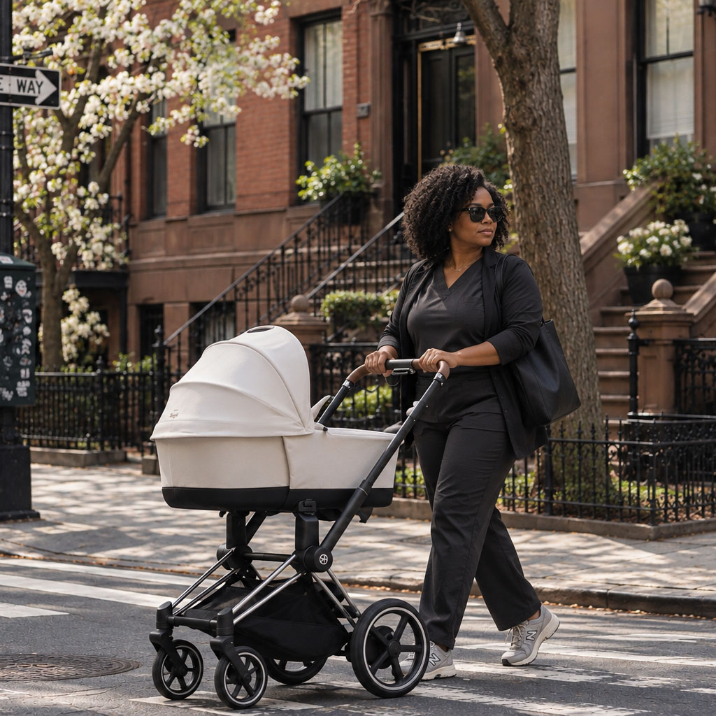 Professional New York City nanny safely pushing an infant in a stroller through a Manhattan neighborhood
