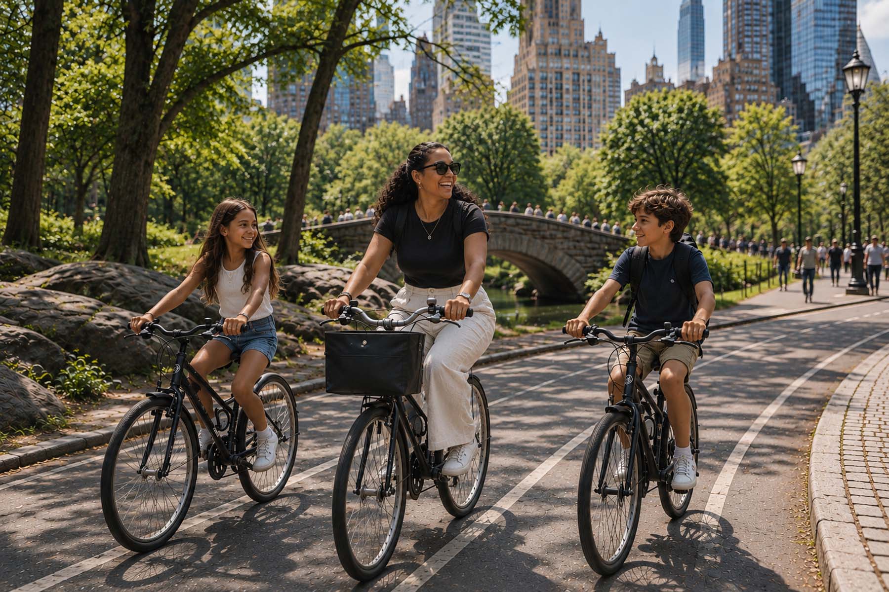 Professional New York City nanny riding bicycles with two children through Central Park