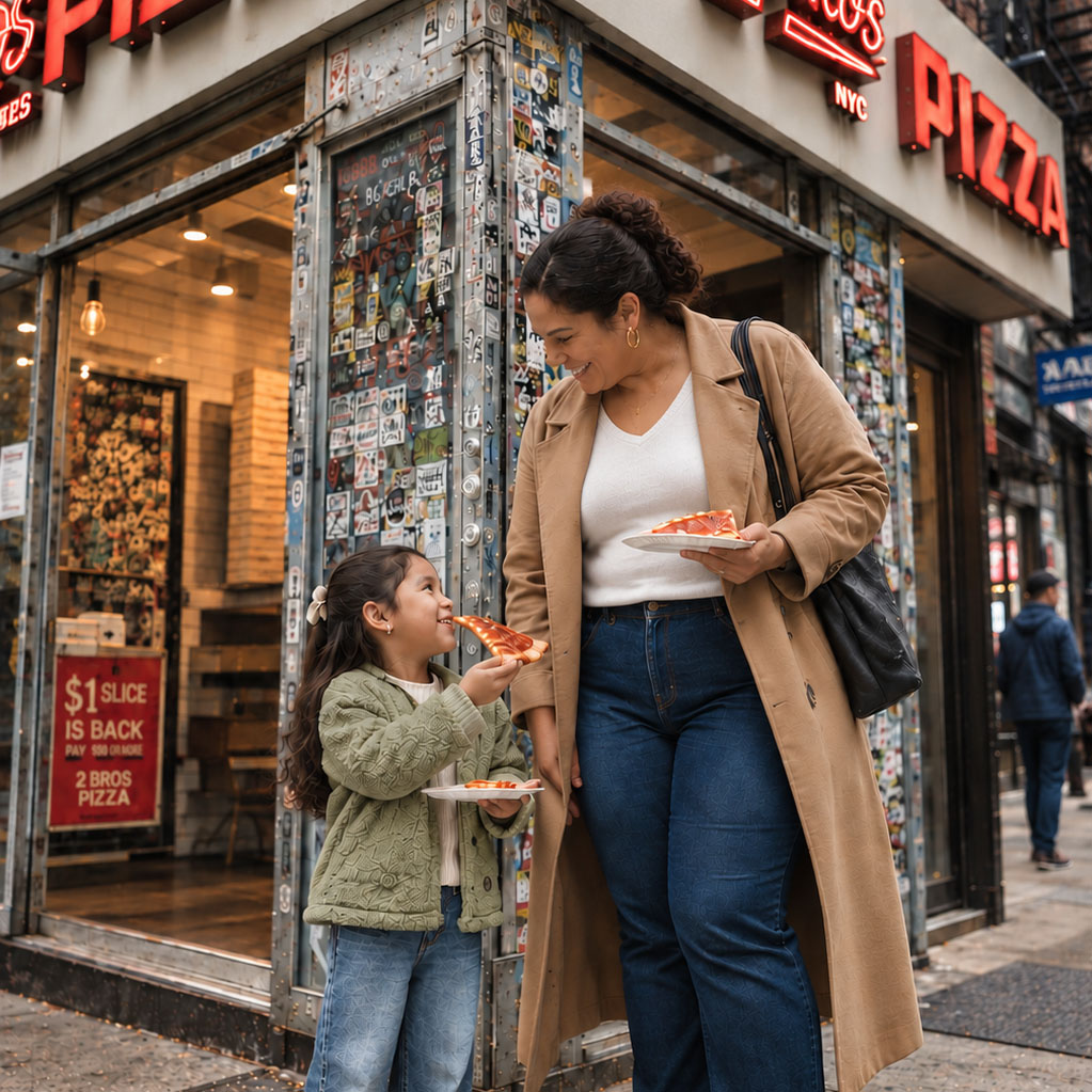 Professional New York City nanny enjoying pizza with a child during a Manhattan outing