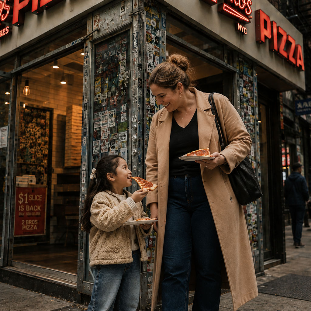 Professional New York City nanny enjoying a slice of pizza with a child in Manhattan