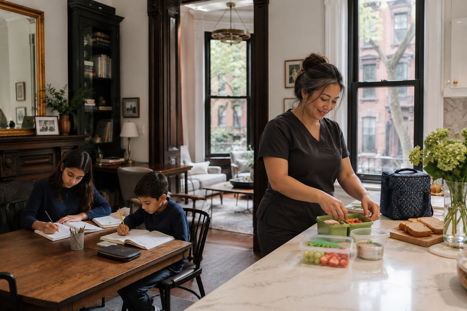 Professional New York City nanny preparing healthy lunches while two children complete homework at home