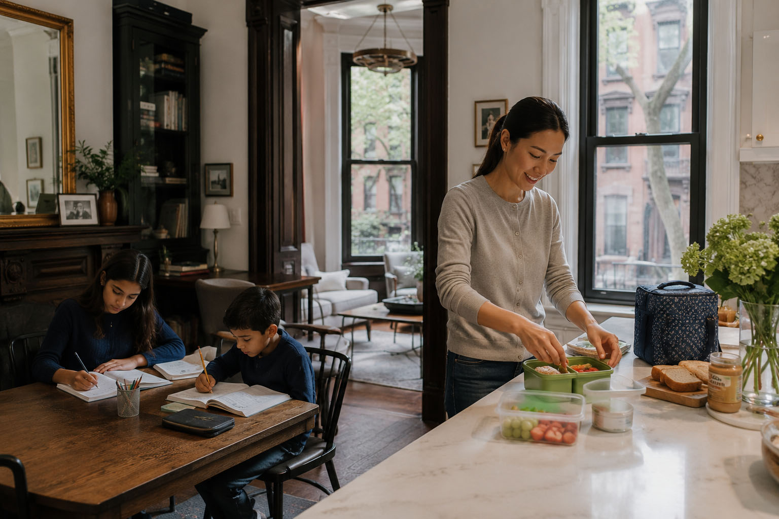 Professional New York City nanny preparing lunch while two children complete their homework at home