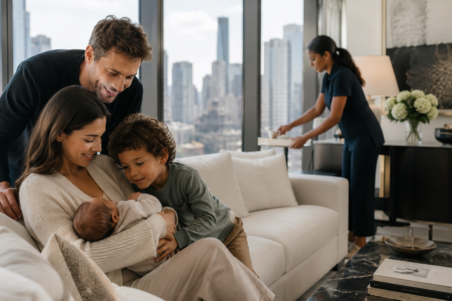 New York City family bonding with a newborn while a professional nanny provides trusted support at home