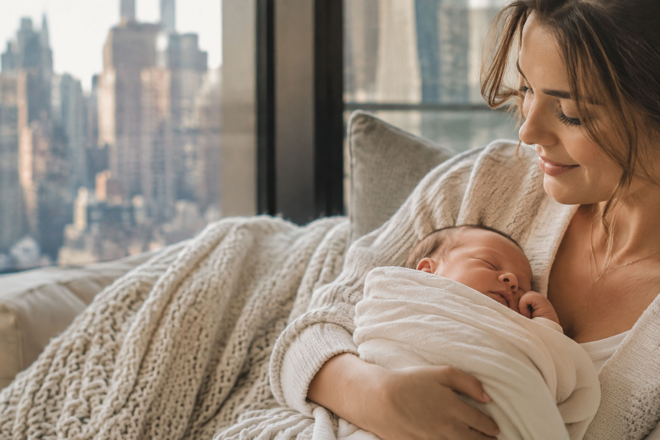 Professional newborn care specialist holding a sleeping infant in a New York City home