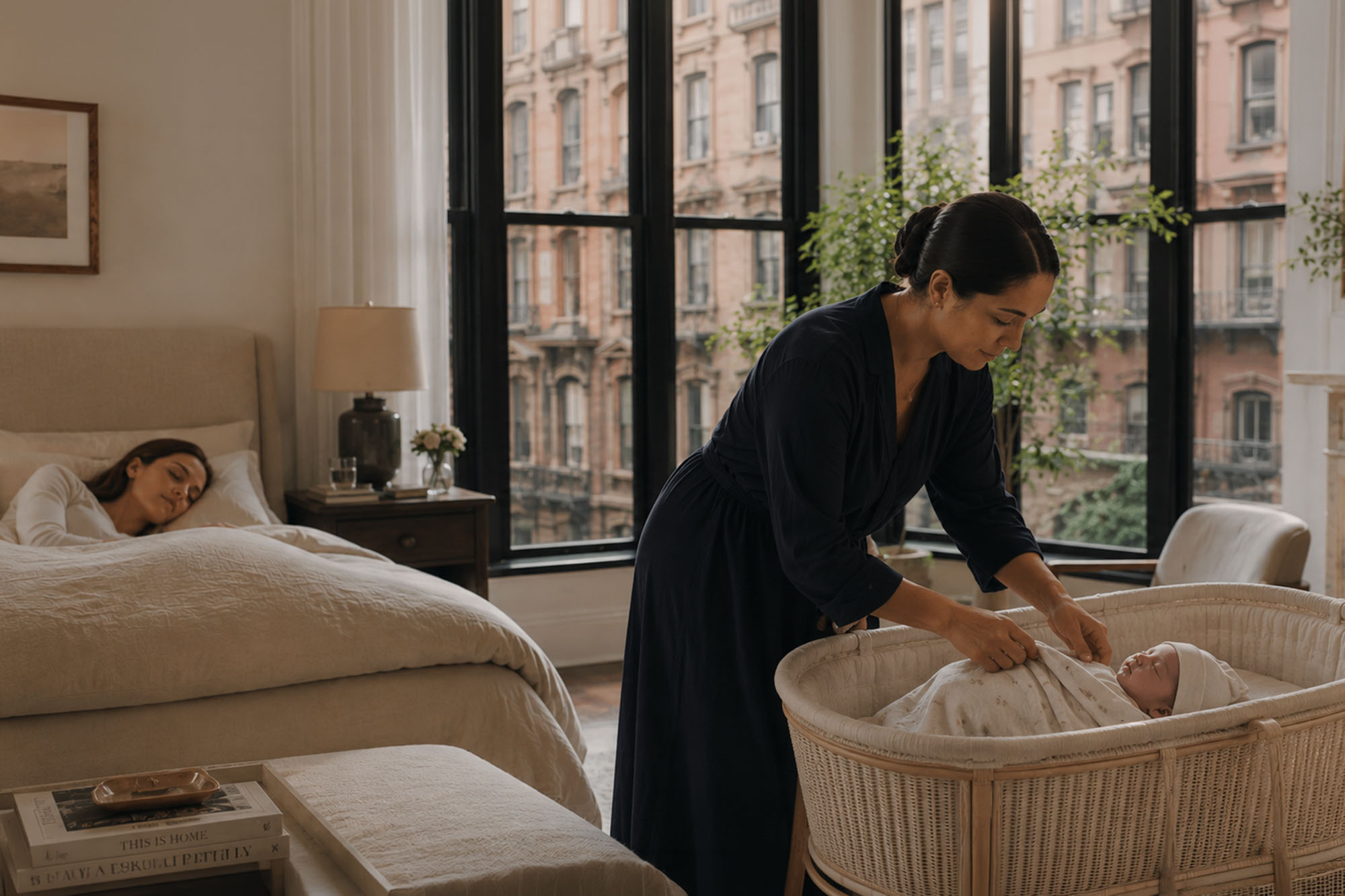 Professional overnight newborn care specialist tending to a sleeping infant while the mother rests at home