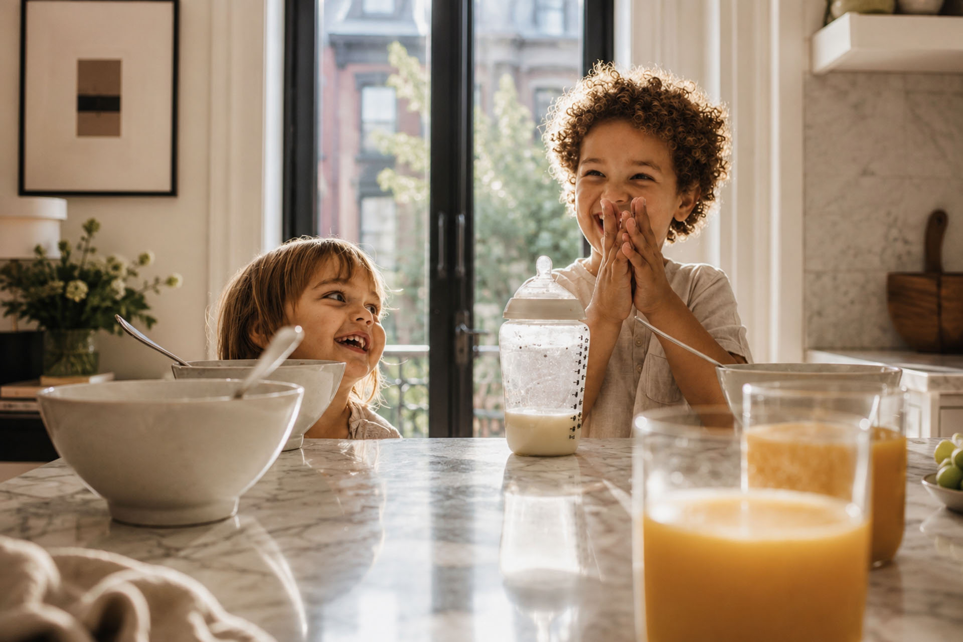 Two children enjoying breakfast at home with support from a trusted professional nanny