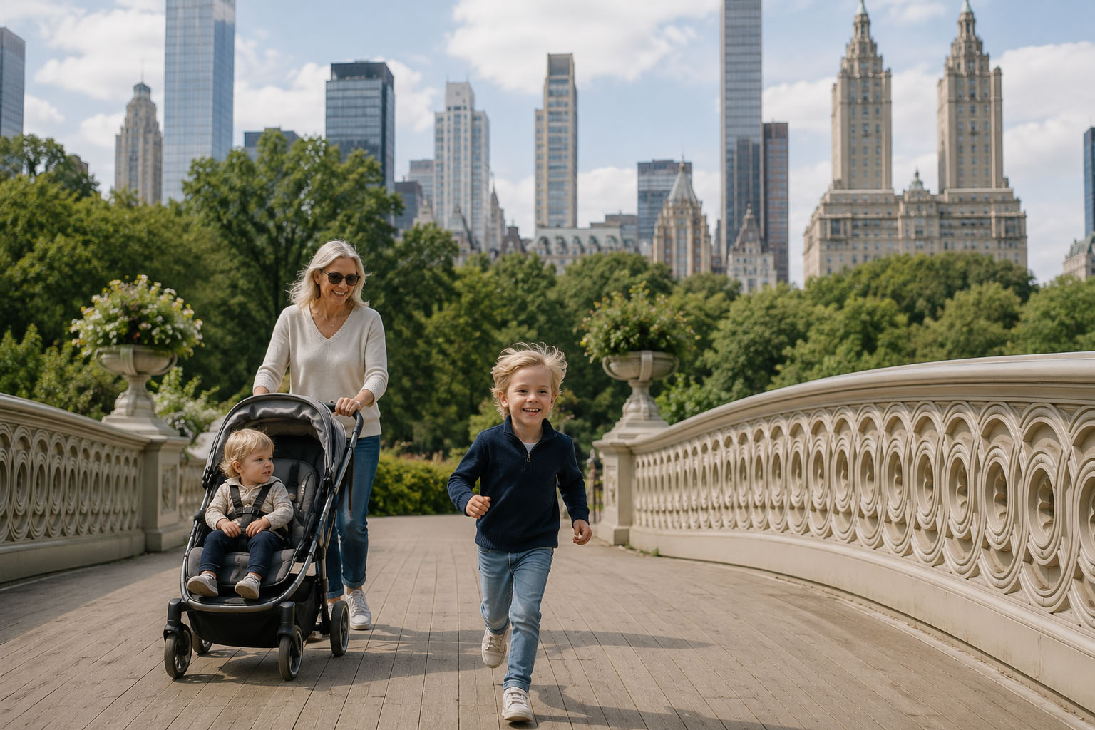 Professional New York City nanny walking with two young children across Bow Bridge in Central Park
