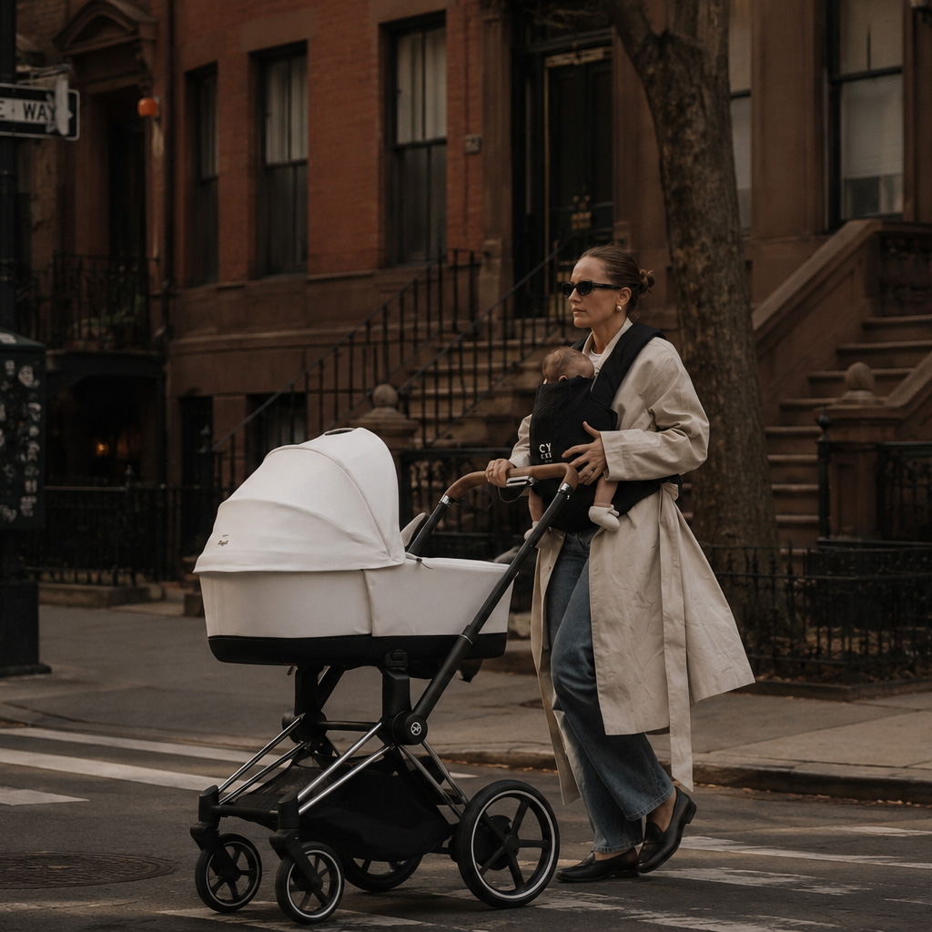 Professional New York City nanny carrying an infant and pushing a stroller through a Manhattan neighborhood