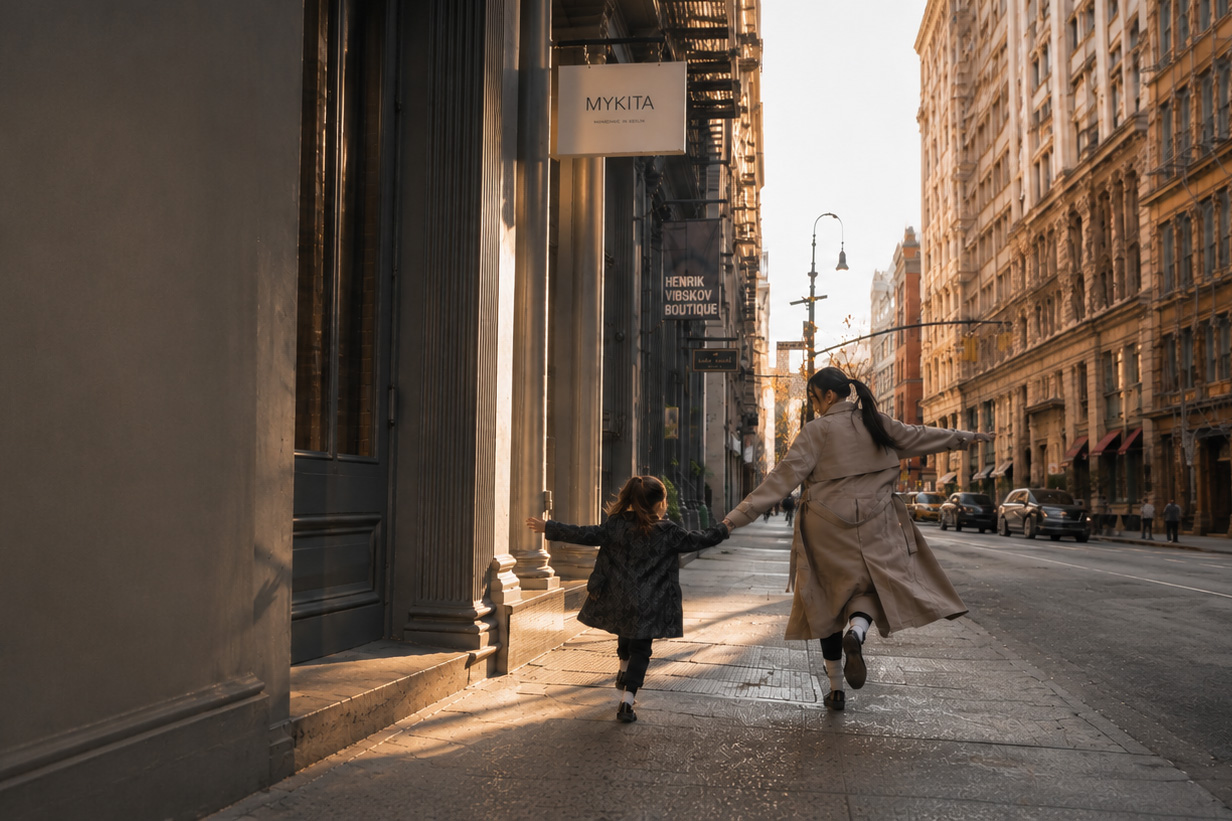 Professional New York City nanny walking hand in hand with a child through Manhattan