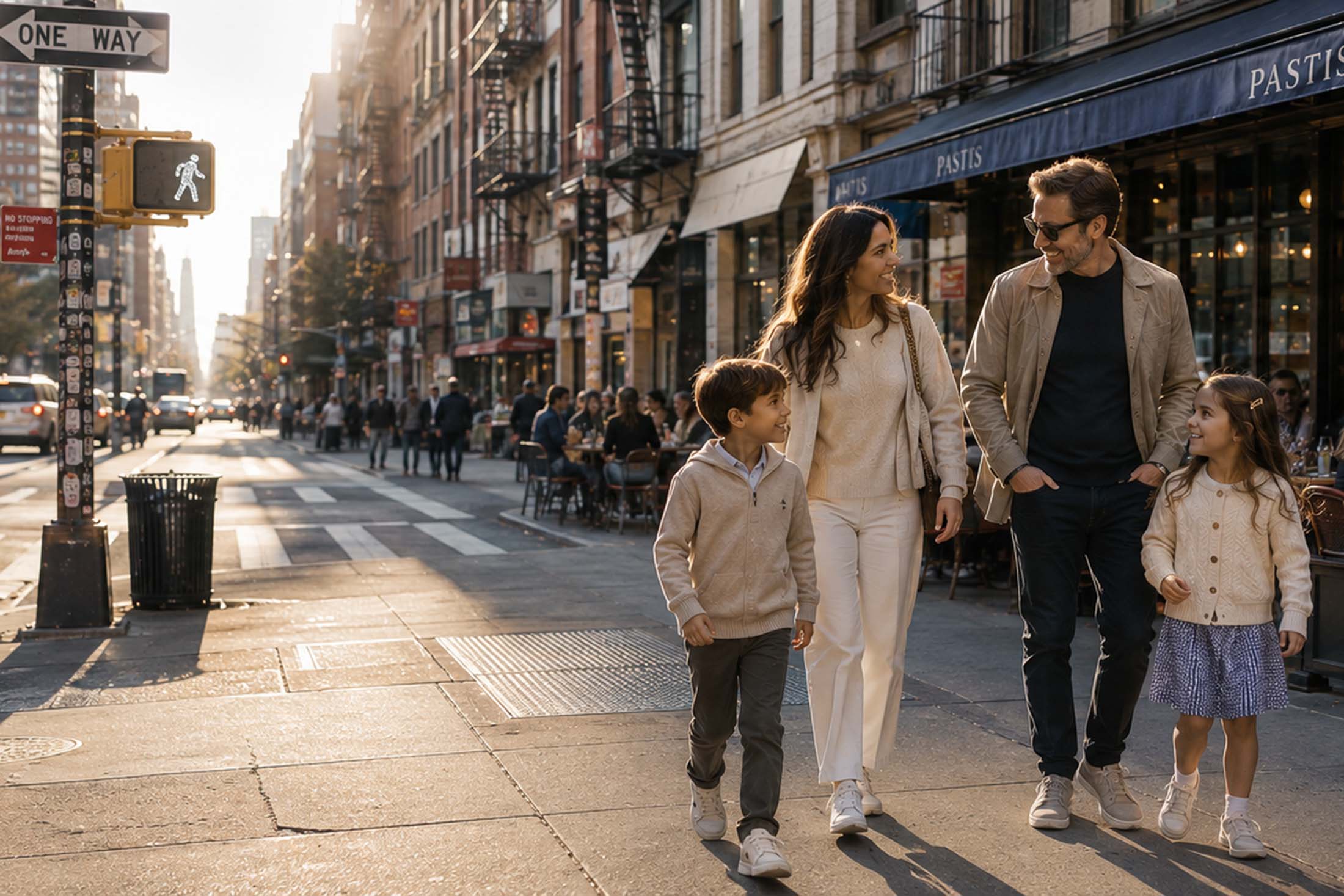 New York City family walking together through Manhattan with support from professional nanny placement services