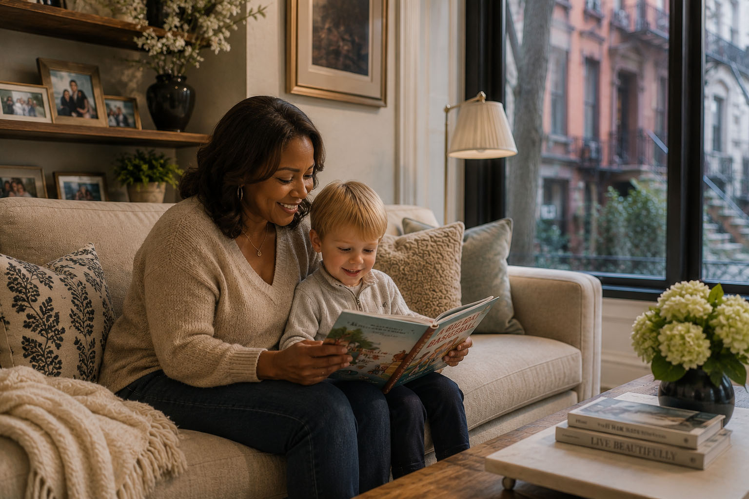 Professional New York City nanny reading a book with a young child at home